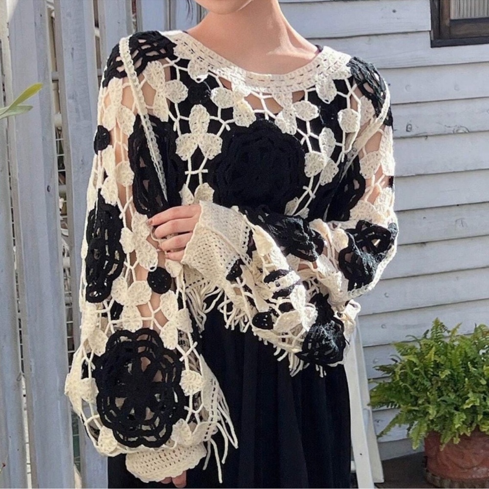 Bohemian Black Cream Crochet Fringe Crop Sweater Top S M L